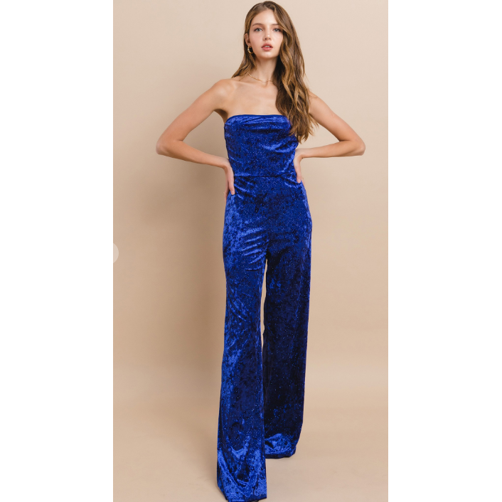 On Your Own Time Blue Velvet Short Sleeve Jumpsuit FINAL SALE