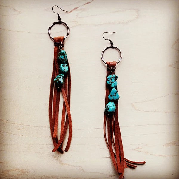 Leather Fringe Earrings with Turquoise Chunks-[Womens_Boutique]-[NFR]-[Rodeo_Fashion]-[Western_Style]-Calamity's LLC