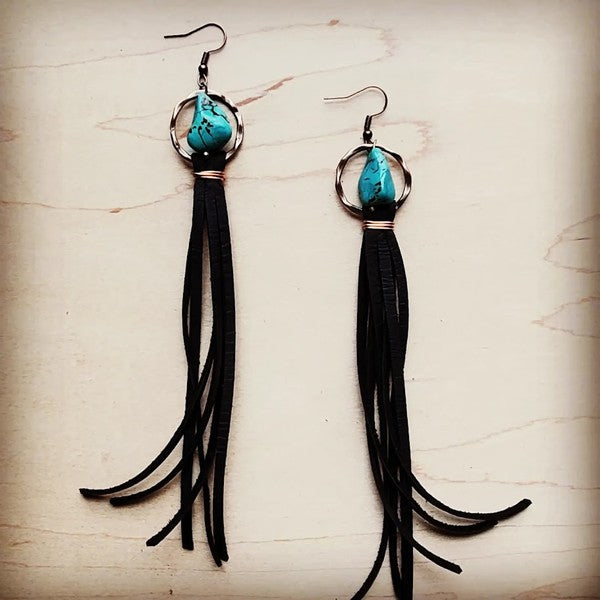 Turq Drop Earring with Leather Tassel Black 206g-[Womens_Boutique]-[NFR]-[Rodeo_Fashion]-[Western_Style]-Calamity's LLC