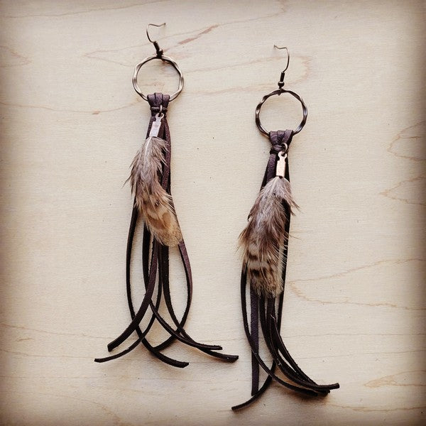 Brown Deerskin Leather Tassel Earring Yellow Feather-[Womens_Boutique]-[NFR]-[Rodeo_Fashion]-[Western_Style]-Calamity's LLC