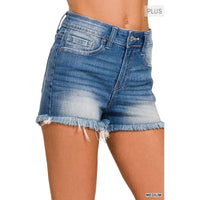 Plus Mid Rise Raw Frayed Hem Denim Shorts-[Womens_Boutique]-[NFR]-[Rodeo_Fashion]-[Western_Style]-Calamity's LLC