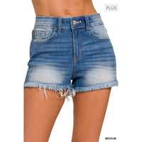 Plus Mid Rise Raw Frayed Hem Denim Shorts-[Womens_Boutique]-[NFR]-[Rodeo_Fashion]-[Western_Style]-Calamity's LLC