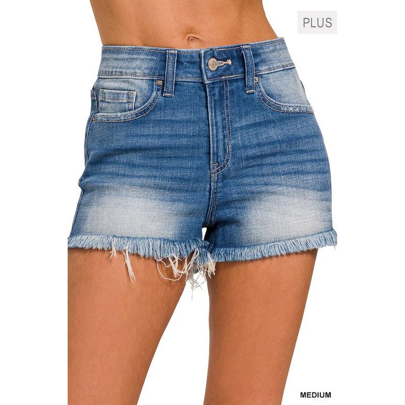 Plus Mid Rise Raw Frayed Hem Denim Shorts-[Womens_Boutique]-[NFR]-[Rodeo_Fashion]-[Western_Style]-Calamity's LLC