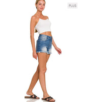 Plus Mid Rise Raw Frayed Hem Denim Shorts-[Womens_Boutique]-[NFR]-[Rodeo_Fashion]-[Western_Style]-Calamity's LLC