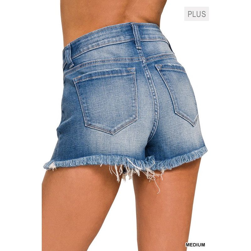 Plus Mid Rise Raw Frayed Hem Denim Shorts-[Womens_Boutique]-[NFR]-[Rodeo_Fashion]-[Western_Style]-Calamity's LLC