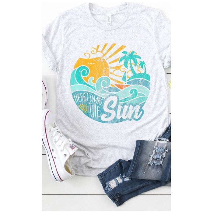 Vintage Here Comes the Sun Beach Graphic Tee-[Womens_Boutique]-[NFR]-[Rodeo_Fashion]-[Western_Style]-Calamity's LLC