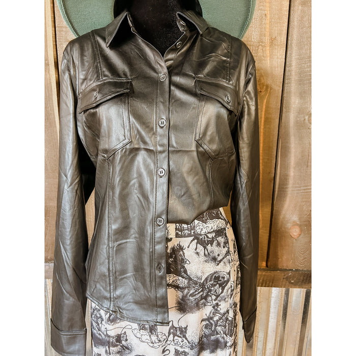 Faux Leather Bodycon Shirt-Long Sleeves-[Womens_Boutique]-[NFR]-[Rodeo_Fashion]-[Western_Style]-Calamity's LLC